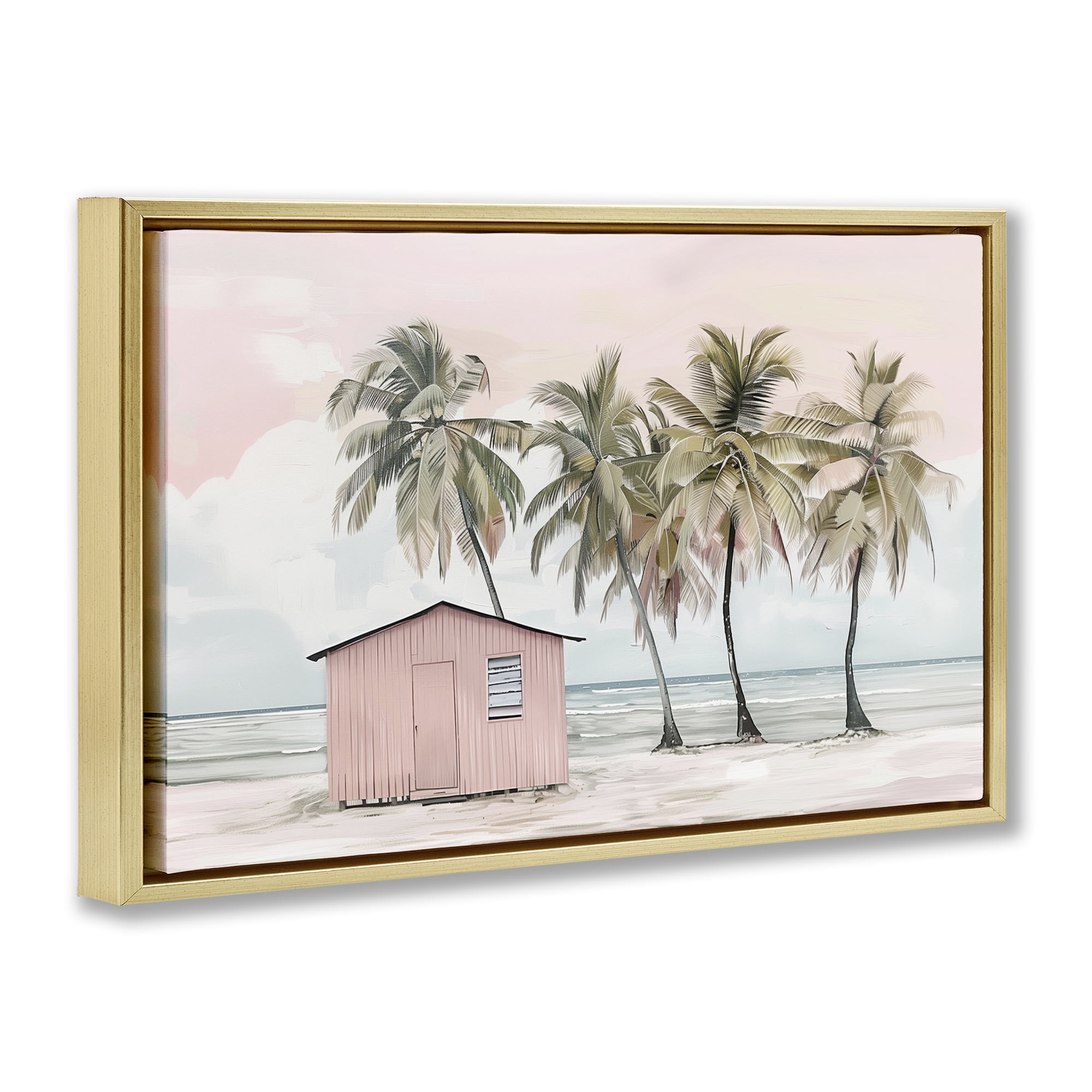 Stupell Industries Pink Beach Hut & Palms Nautical & Beach Painting Gold Floater Framed Canvas Art Print Wall Art, 31 x 21