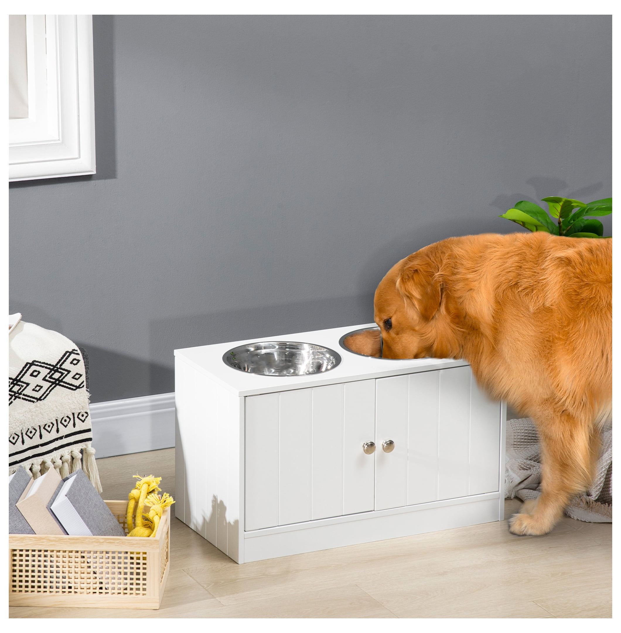 Large Elevated Dog Bowls with Storage, Raised Dog Feeder Stand, 44L Cabinet, Stainless Steel Bowls, White Pet Feeding Station