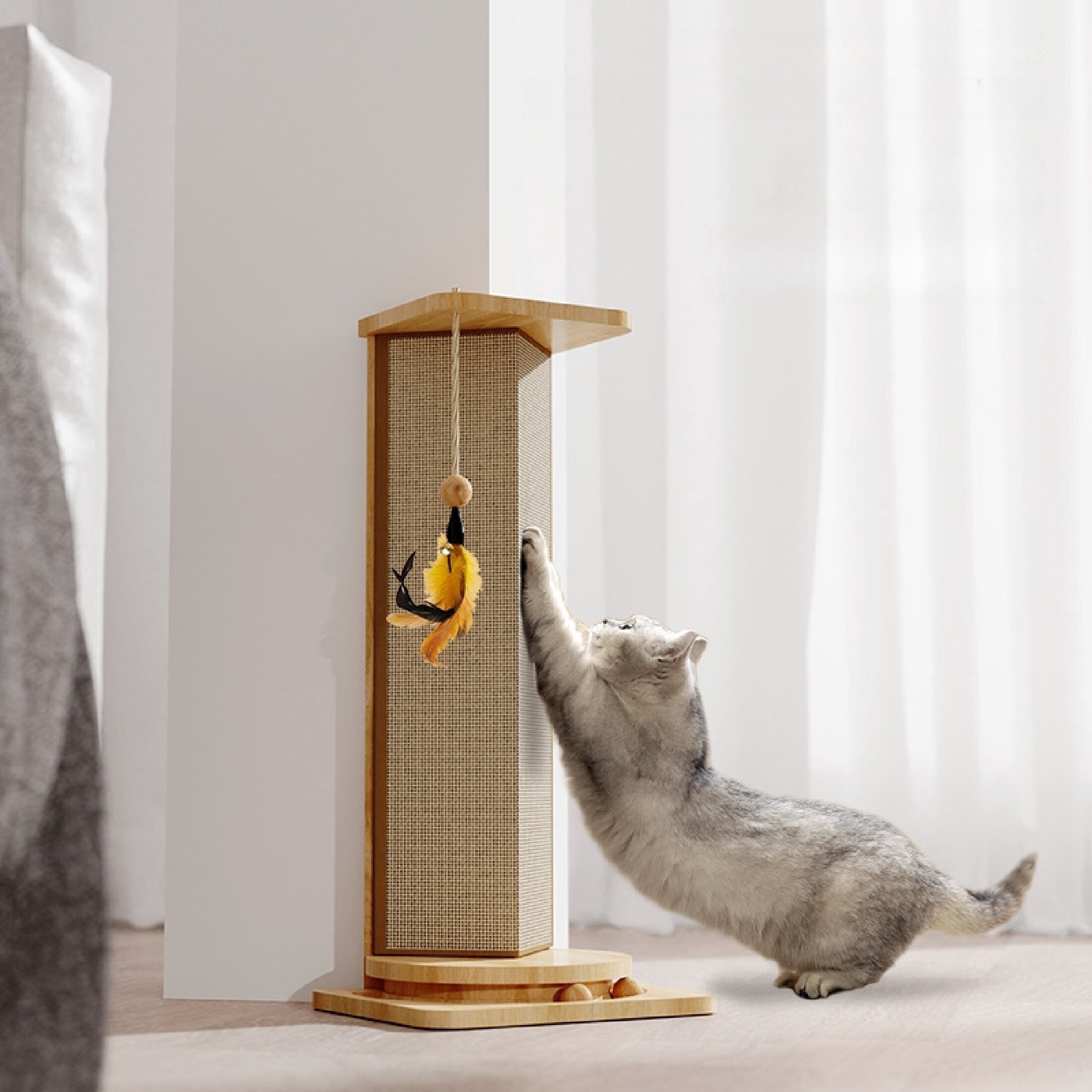 Furniture Protector Sisal & Solid Wood Cat Scratching Post with Toy