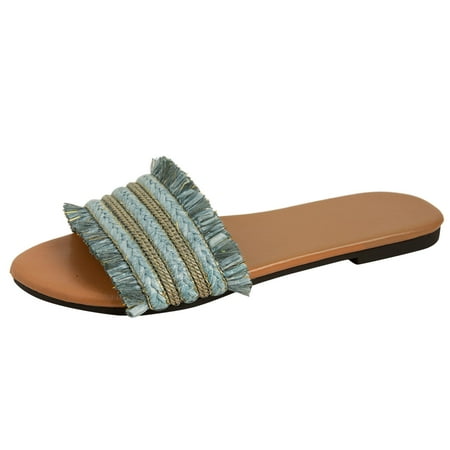 

ZHAGHMIN Boho Women Slippers 2023 Summer New Rome Retro Sandals Flat Casual Shoes Female Linen Tassel Slides Woman Slides Sandalias Mujer Blue Size8