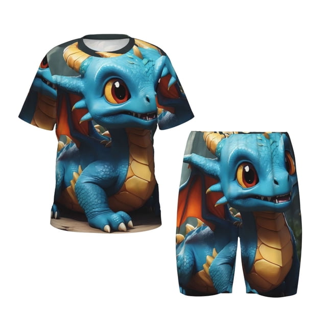 Fotbe Adorable Blue Baby Dragon Pijama Estampada de 2 Piezas para Niños – Ropa de Dormir de Manga Corta Cómoda para Niños y Niñas, Camiseta y Shorts de Algodón-Small
