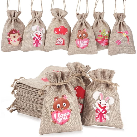 36 Pcs Valentine's Day Burlap Gift Bags with Drawstring, 4 x 6 Inches Small Heart Linen Bags Valentines Candy Goodie Bags for Wedding Bridal Shower Valentine's Day Party Favors