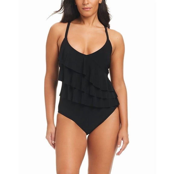 Beyond Control Swimwear womens  Solid Essentials Ruffle Tier One-Piece, 8, Black