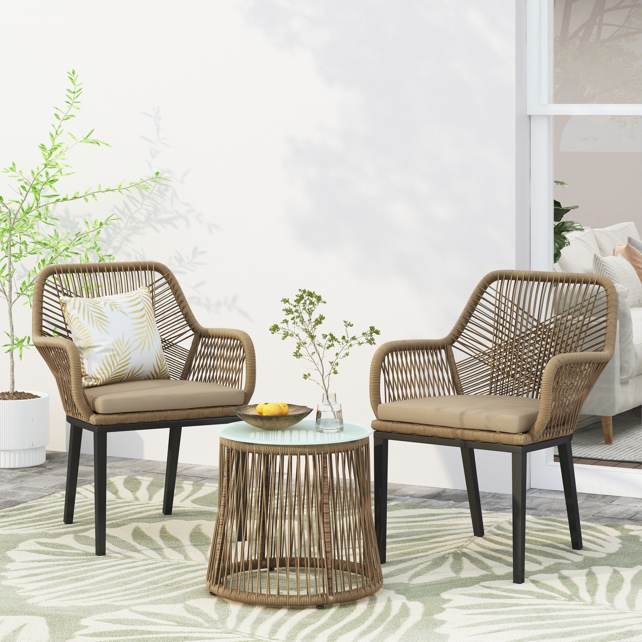 Outdoor Leisure Combination Seat Set, Wicker Structure Conversation Furniture for Patio Garden, Light Brown