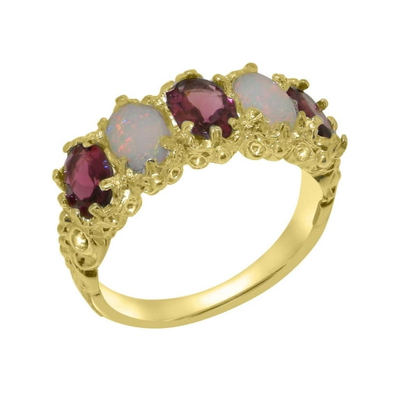 LBG British Made 14k Yellow Gold Natural Pink Tourmaline & Opal Womens Eternity Ring - 33 size options - Size 6.75
