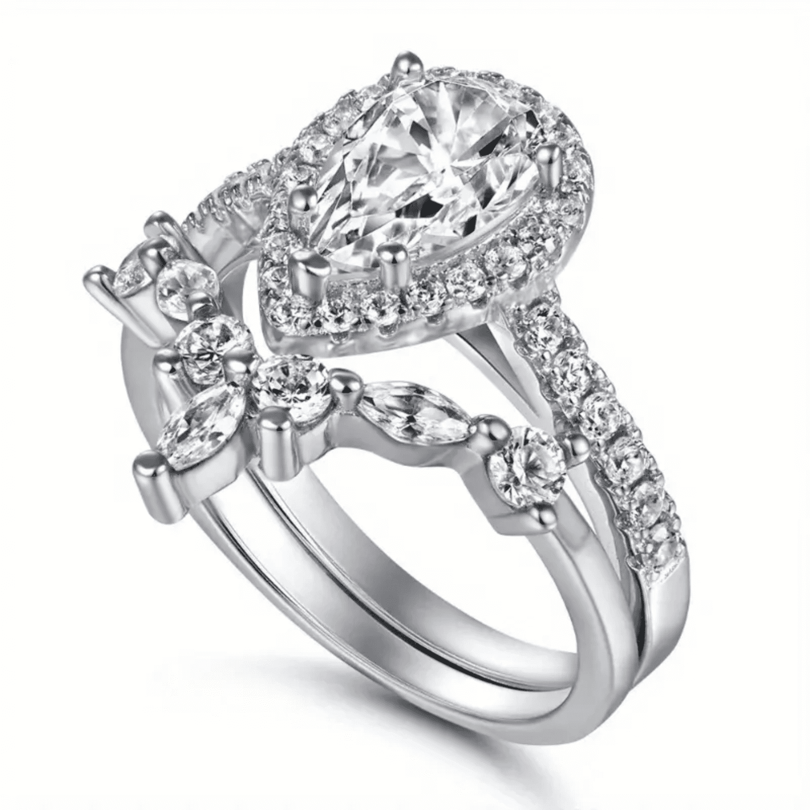 SFTING S925 Sterling Silver Eternity 1.5CT Vintage Pear Teardrop Halo Engagement Wedding Rings Set for Women Size 8