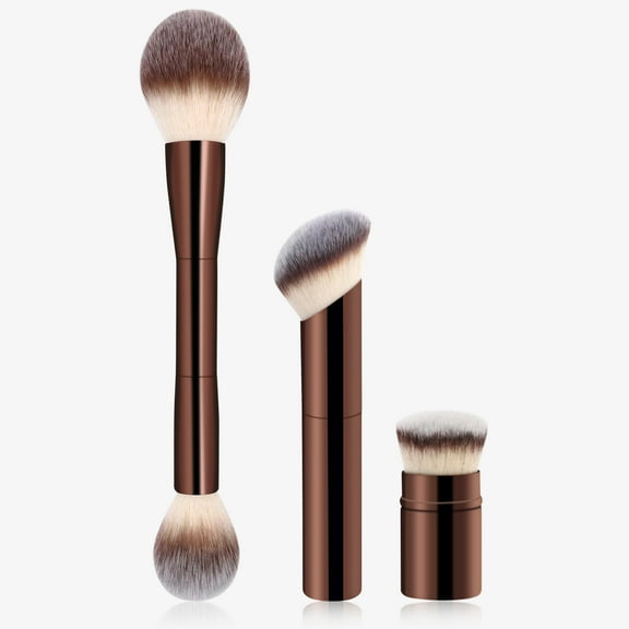 DUAIU 3Pcs Foundation Makeup Brush Set Double-ended Kabuki Brush Contour Brush for Liquid Powder Concealer Cream Cosmetics Blending Blush Face Makeup Tools Kit (Coffee)