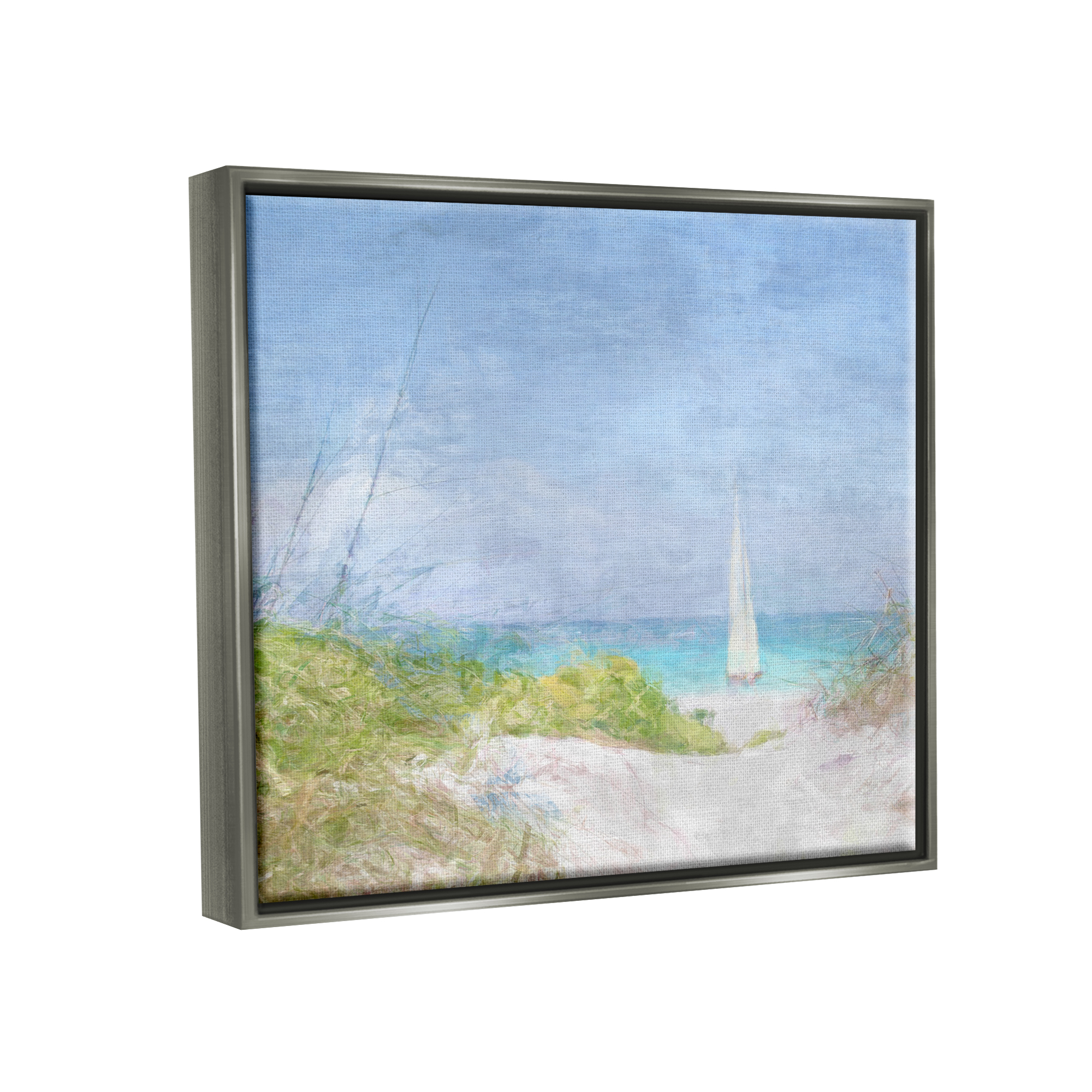 Stupell Industries Sailboat & Beach Path Transportation Painting Gray Floater Framed Canvas Art Print Wall Art, 31 x 25