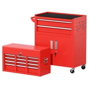 SUNCROWN 8-Drawer Metal Tool Chest, Rolling Tool Cart with Wheels,2 in 1 Detachable Tool Cabinets,Tool Box,Liners and Locking System for Garage,Warehouse,Workshop, Barbershop(Red)