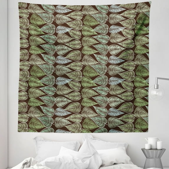 Green and Brown Tapestry, Hand Drawn Foliage Pattern with Leaves with Lines Sketch Style Vintage, Fabric Wall Hanging Decor for Bedroom Living Room Dorm, 5 Sizes, Multicolor, by Ambesonne