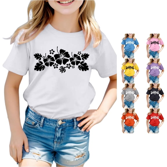 Trendfront Girls Sea Turtle Hibiscus Flower T Shirt Tropical Garland Print Crewneck Short Sleeve Tee Hawaiian Vacation Clothes Beach Summer Top