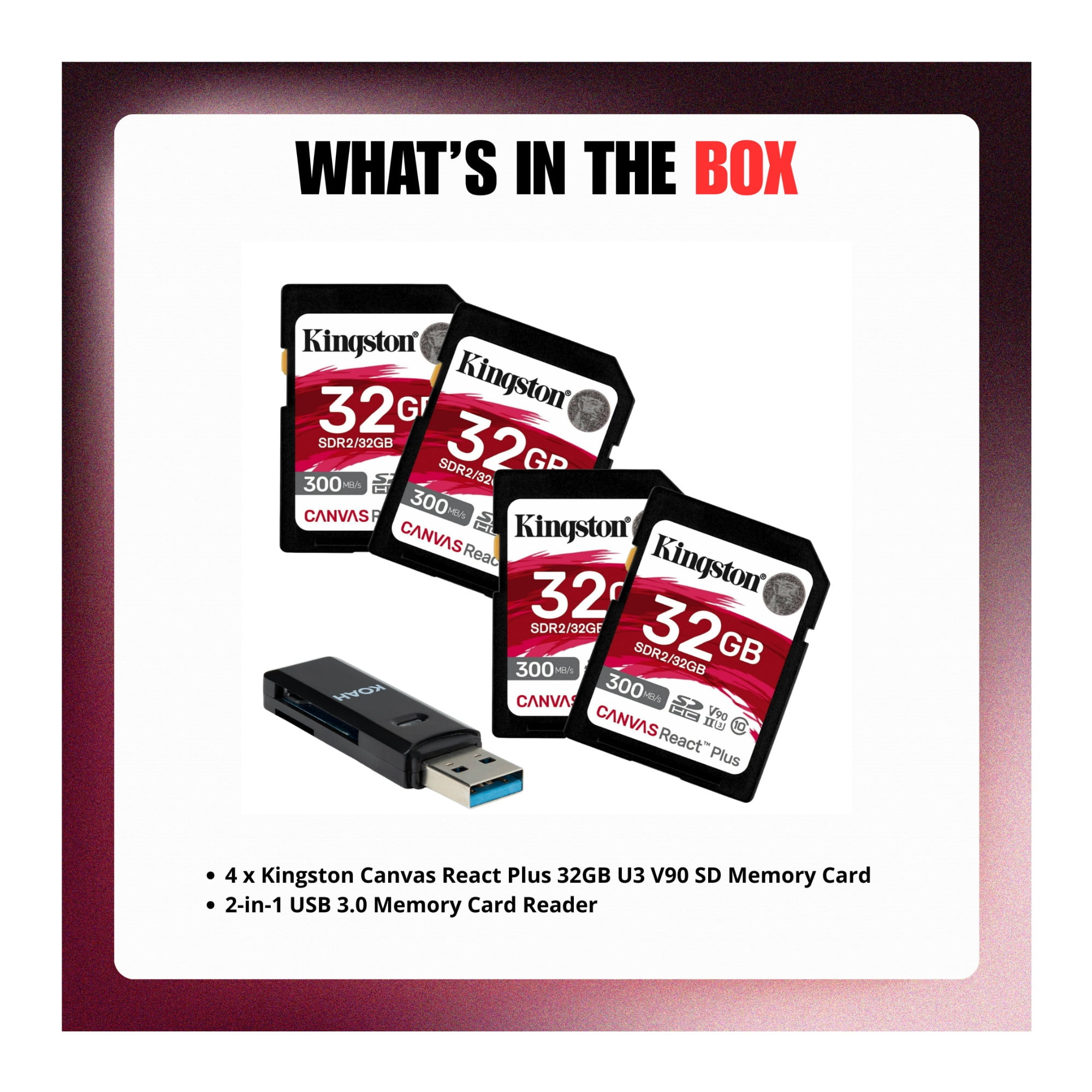 Kingston Canvas React Plus 32GB U3 V90 SD Memory Card Bundle with Card Reader (5 Items)
