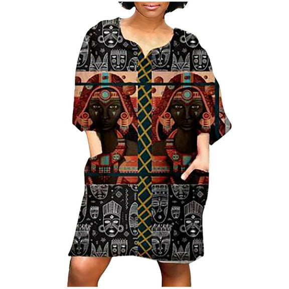 Womens Clearance asdoklhq Womens Plus Size Clearance Dresses,Women African Vintage Print Middle Sleeve V Neck Casual Mini Dress