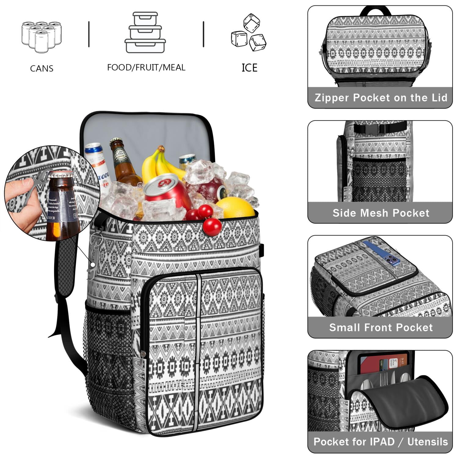 Travel Cooler Bag - Boho Bohemia Pioneer Flower Geometric Line Art Camping Beer Cooler Backpack with Bottle Opener- Waterproof Insulated Picnic Backpacks - Cooler Bag for Beach