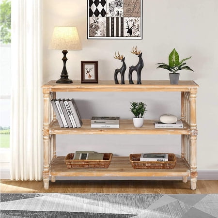 AENKYO 3-Tier Gothic Hallway Console Table Distressed Finish Entryway Table for Living Room Antique Natural Color