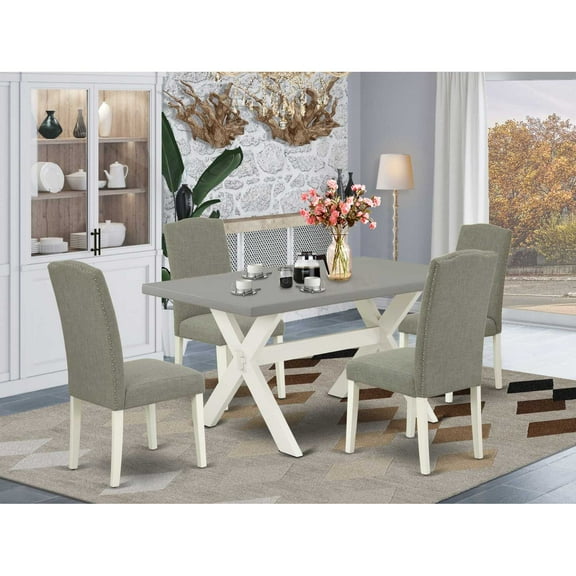 East West Furniture 5-Piece Modern Rectangular Table Set a Good Cement Color Kitchen Table Top and 4 Lovely Linen Fabric Padded Chairs with Nail Heads and Stylish Chair Back, Linen White Finish