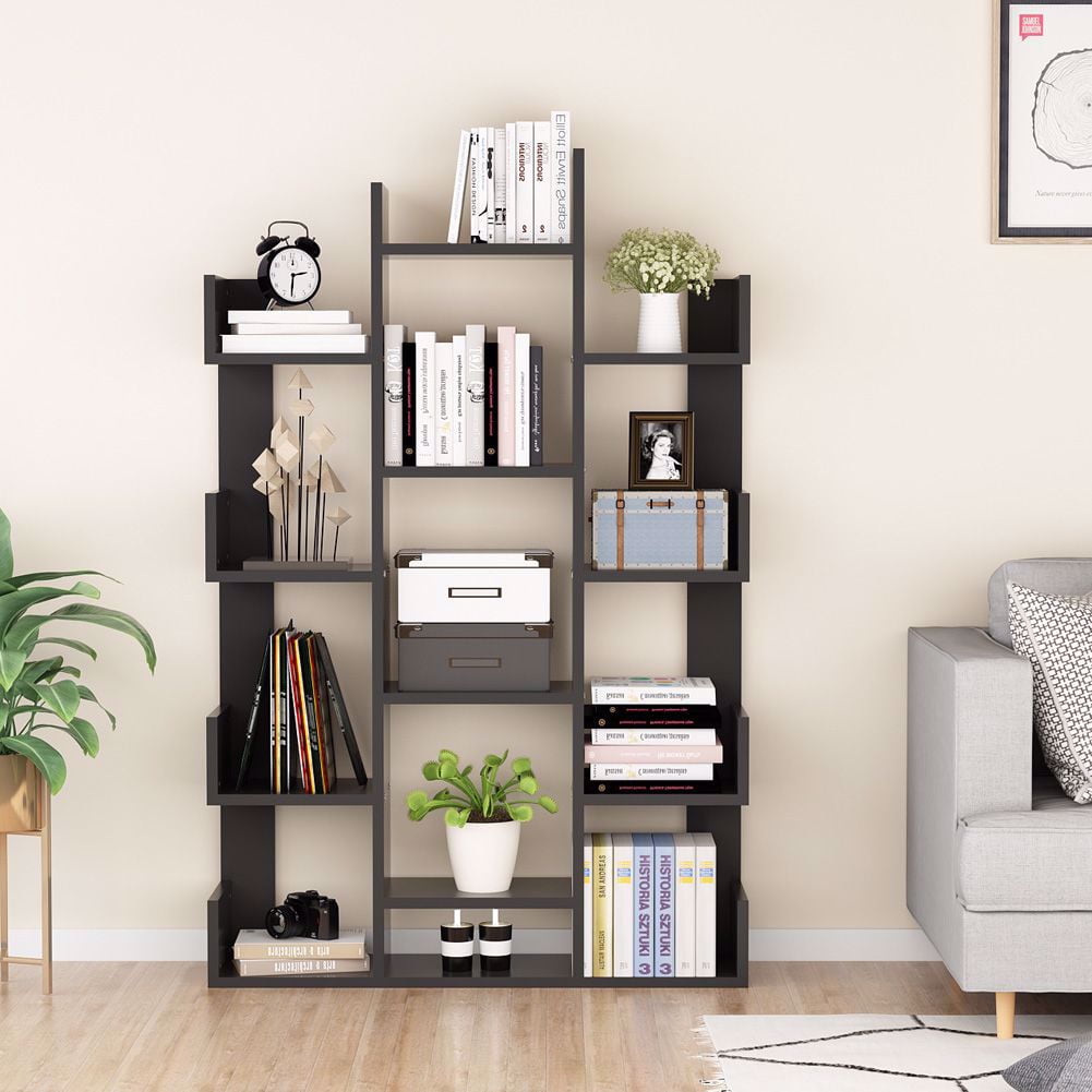 INMOZATA Tree Shaped Bookshelf Floor Standing Bookcase Storage Unit Book Display Rack for Home Office Living Room Black） 