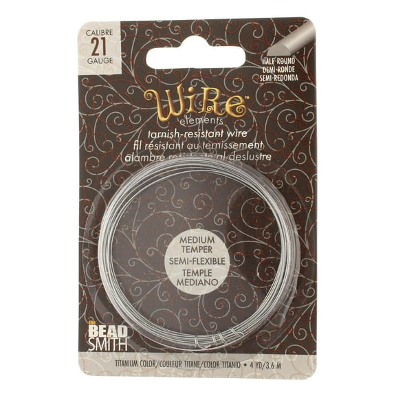 The Beadsmith Half-Round Craft Wire - Medium Temper Beading Wire, Titanium Color, 21 Gauge, 4 Yards