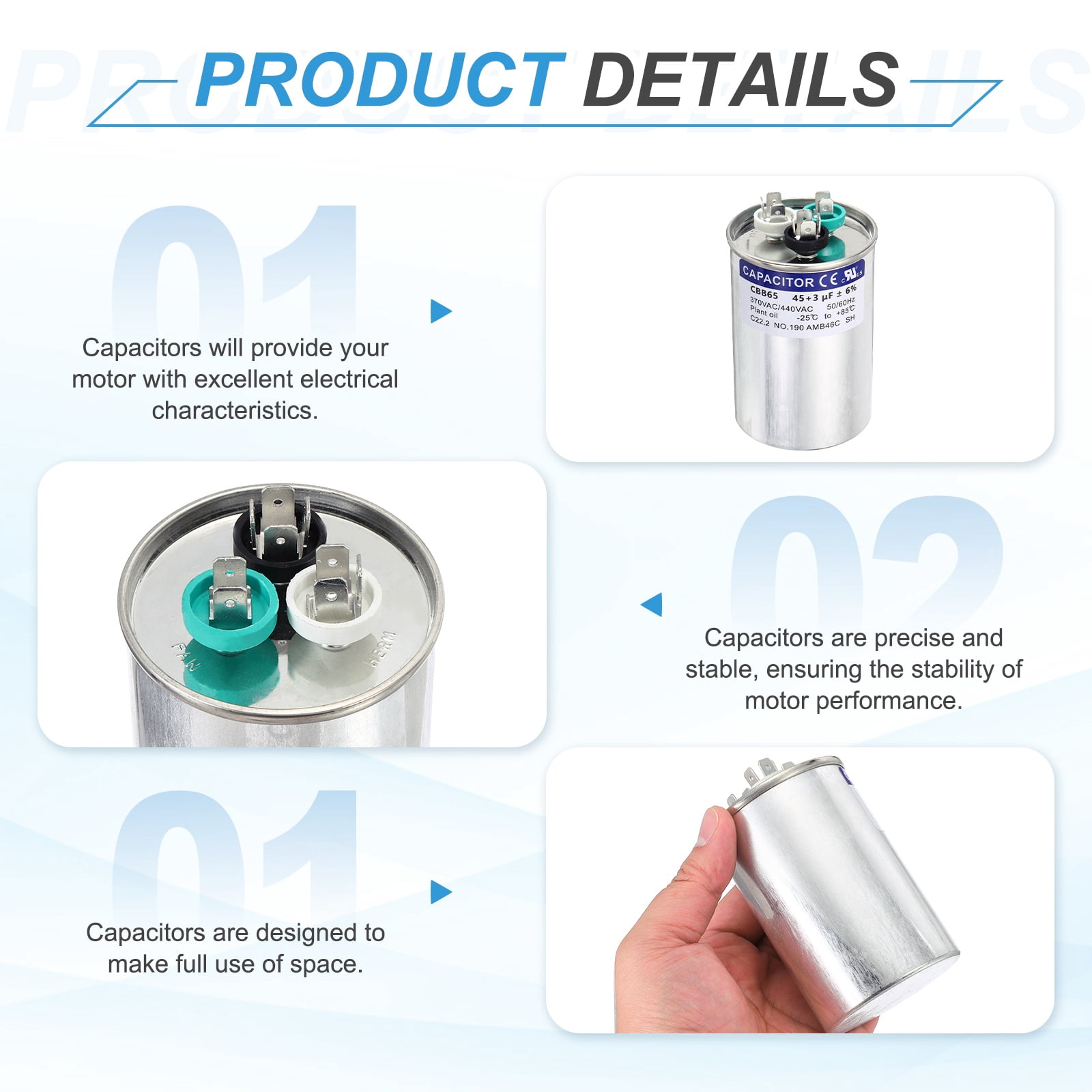 Uxcell 2Pcs 45+3MFD CBB65 Run Start Capacitor 45+3uF, 370/440V Round AC Capacitor for AC Motor Run, HVAC, Air Conditioner, Condenser Motors