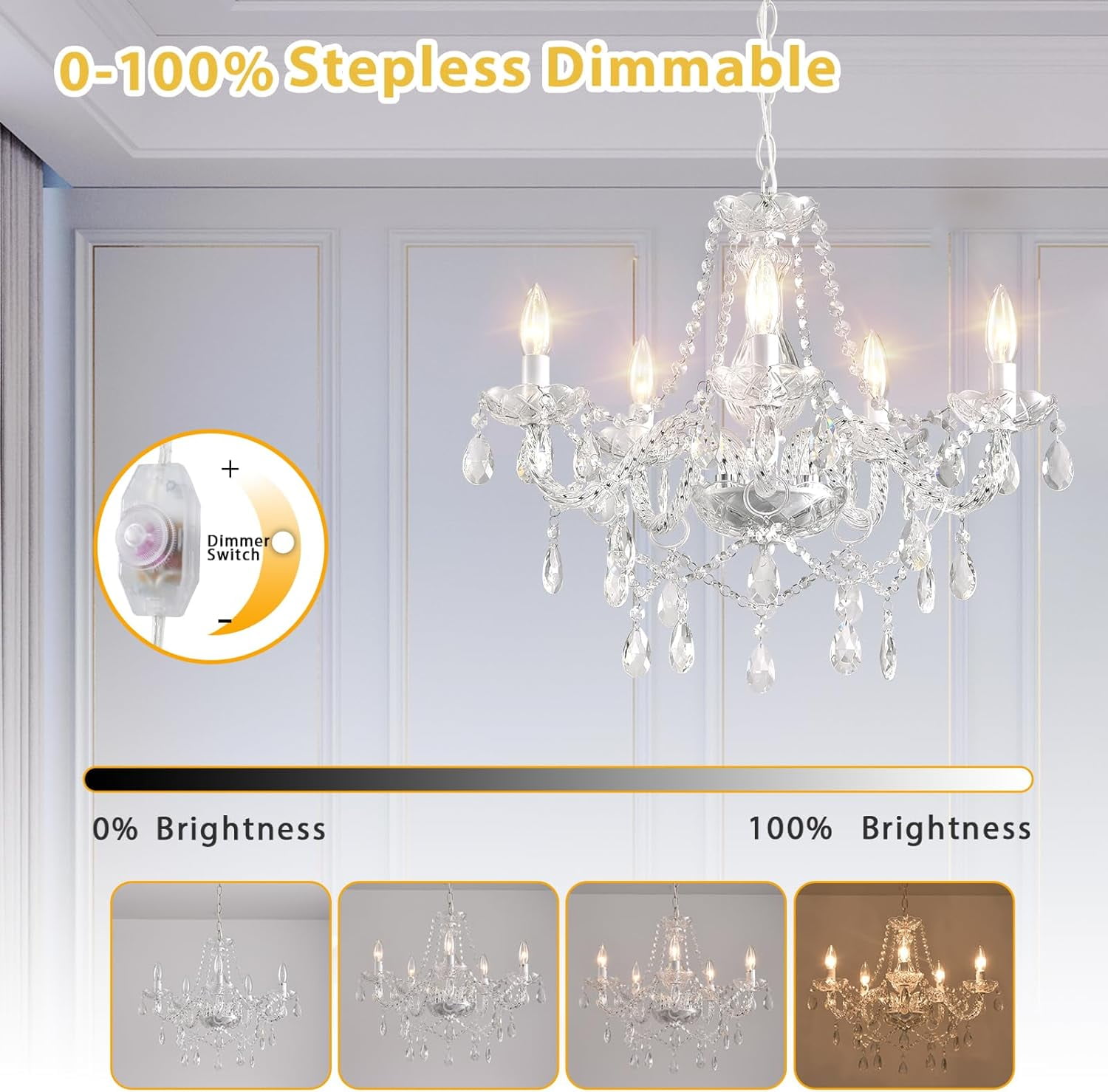 DIMMABLE Plug-in Chandelier 5 Light Crystal, White Hanging Pendant Light Fixture K9 Crystals Beads