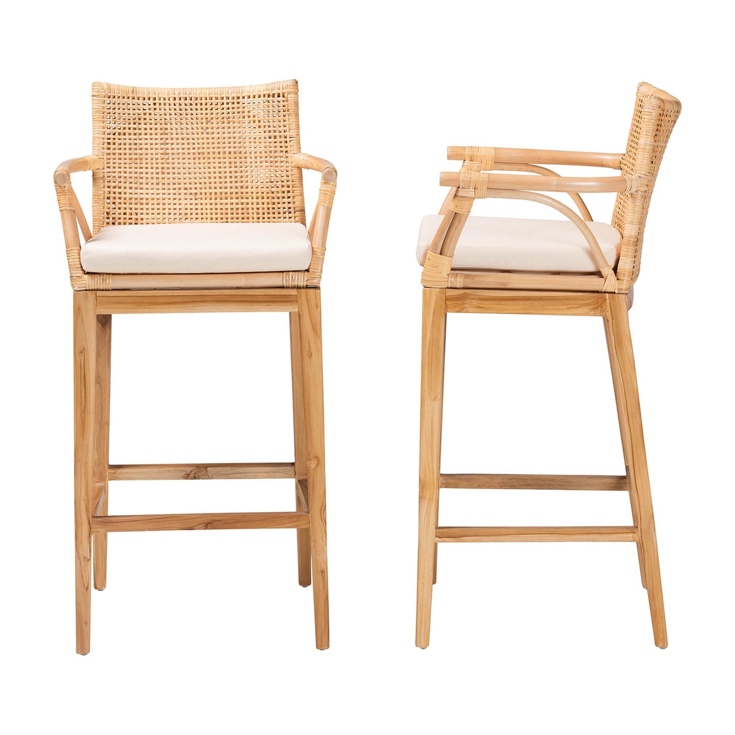 bali & pari Storsel Bohemian Natural Rattan and Teak Wood 2-Piece Bar Stool Set