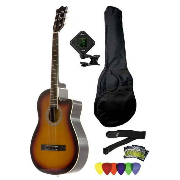 Fever 3/4 Size Acoustic Cutaway Guitar Package Sunburst with Gig Bag, Guitar Tuner, Picks and Strap, FV-030C-SB-PACK