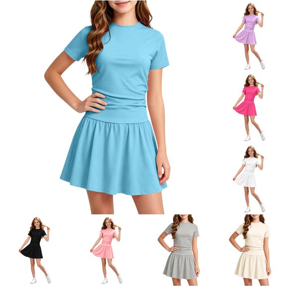 VNKIDY Girls Kids Crew Round Neck Solid Color Short Sleeve Ruched Top Elastic High Waist Flared Skirt 2 Piece Casual Summer Outfit Set For Child Cozy Sets 7-8 Years