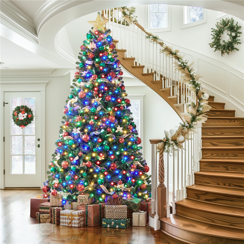 Alden Design 9ft Pre-lit Flocked Artificial Christmas Tree with Foldable Stand, Green