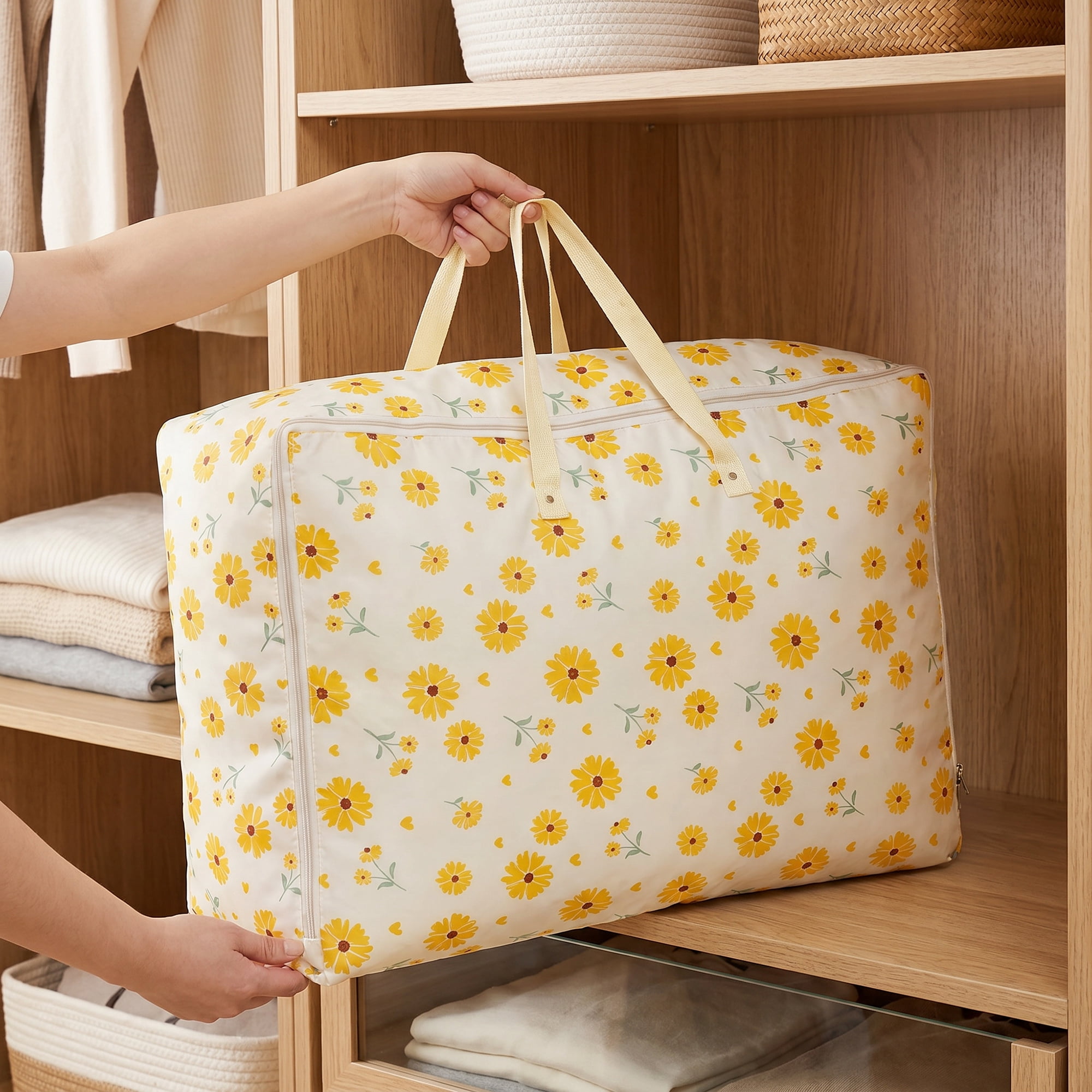 Unique Bargains Dustproof Floral Zipper Large Moving Bag Yellow 23.6" x 9.8" x 15.7"