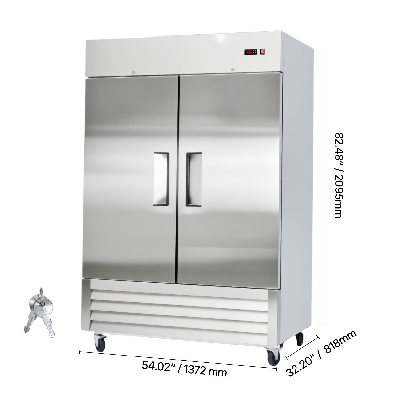 KFFKFF Commercial Stainless Steel Double-Door Refrigerator, 54" Wide, 44 Cu.Ft Capacity, Adjustable Temperature Range 32-50℉, Auto-Defrost with 8 Shelves, ETL Certified
