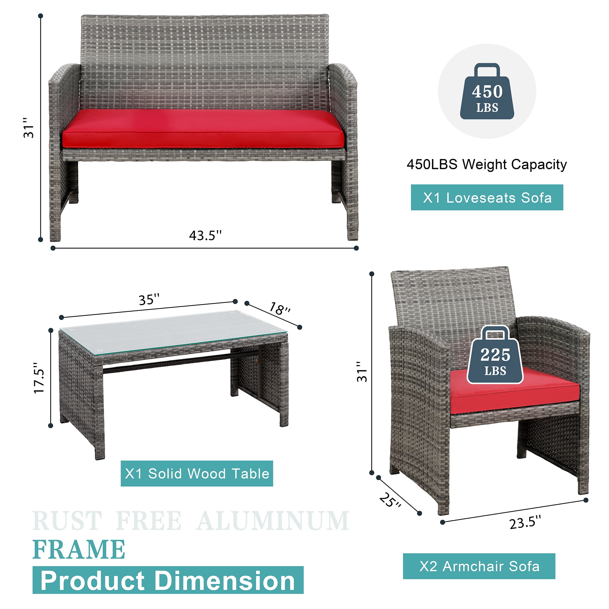Walsunny Outdoor Patio Rattan Wicker Furniture Conversation Set 4 Piece with Cushions Tempered Glass Tabletop,Red