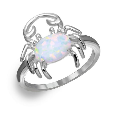 Sideway Oval White Simulated Opal Crab Ring Rhodium Plated Sterling Silver Size 8