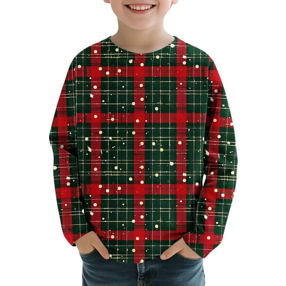 GigrtiJin 3-14 Years Children Christmas Shirt Plaid Printed Unisex Crew Neck Long Sleeve Blouse Trendy Casual Top