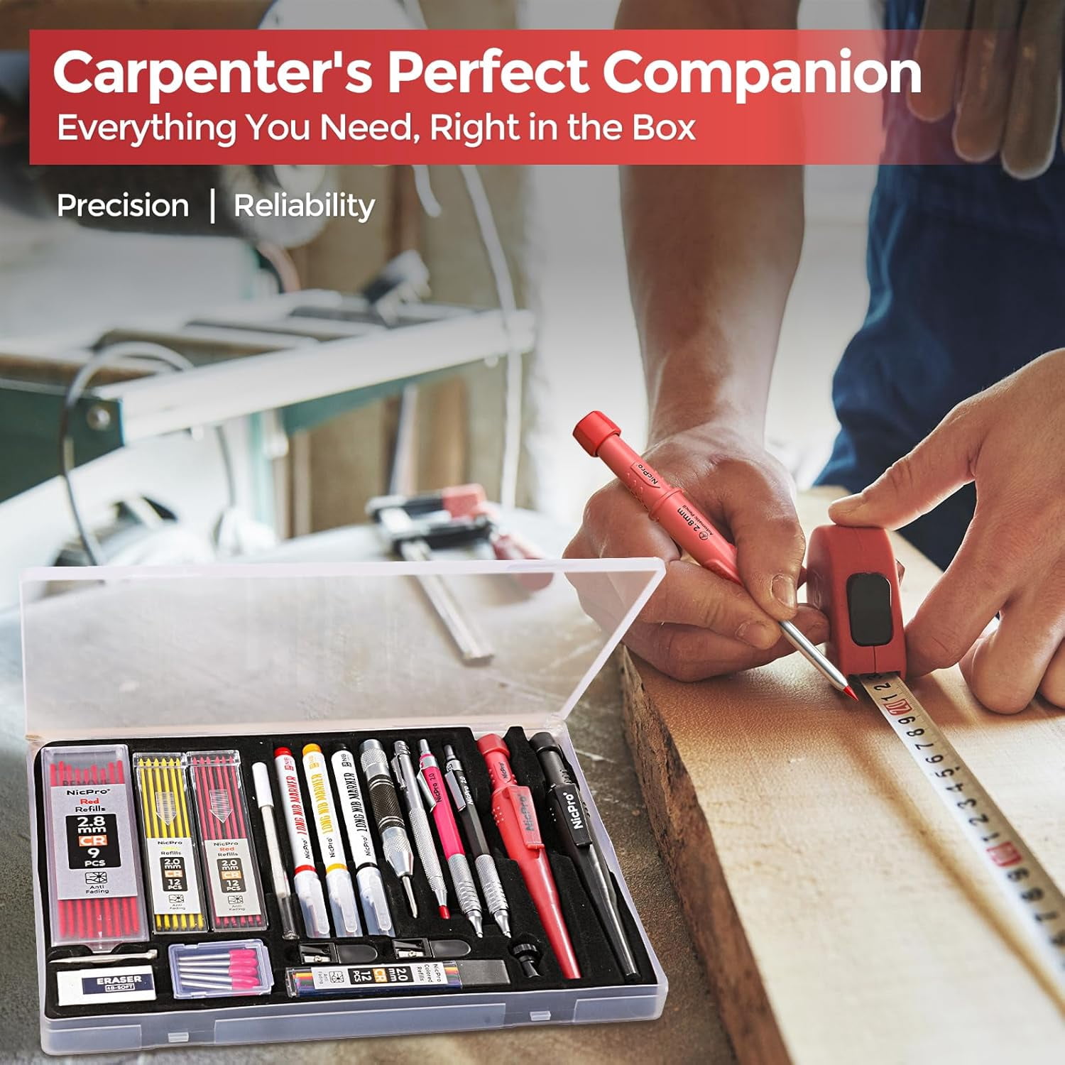Nicpro 24 Pack Carpenter Pencil Set with Sharpener, Mechanical Carpenter Pencils with 79 Refills, Deep Hole Marker, Carbide Scribe Tool, Heavy Duty Construction Pencil for Architect Woodworking