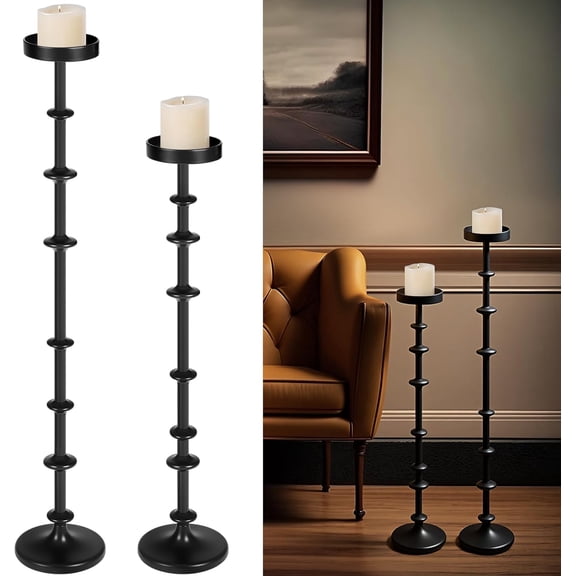 Set of 2 Black Tall Metal Pillar Candle Holders, 29" & 36" Floor Standing Taper Candle Stands, Modern Minimalist Candlestick Holders for Christmas, Halloween, Home Decor, Living Room & Party Decorati