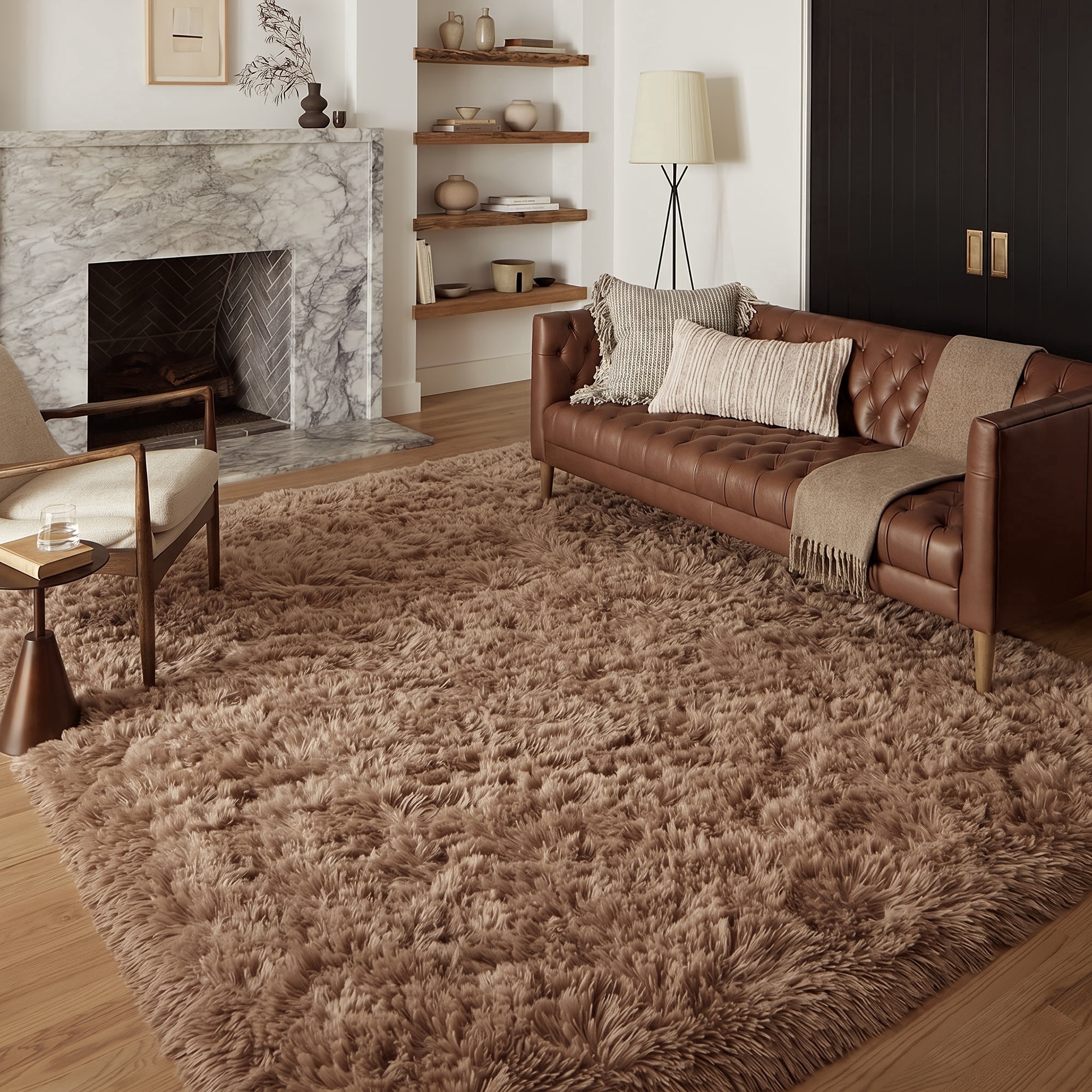 Pentantan 5ft x 8ft Shag Area Rugs, Fluffy Rug for Living Room Bedroom, Soft Plush Pile Indoor Carpet, Brown