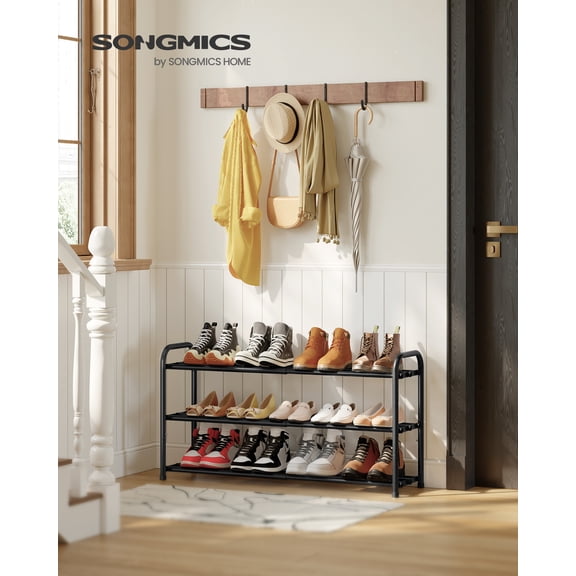 SONGMICS Expandable Shoe Rack, Adjustable Shoe Organizer Storage Shelf, Sturdy and Heavy-Duty, for Closet, Entryway, Living Room, 3-Tier, Ink Black