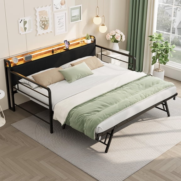 Twin Daybed with Pop Up Trundle, Twin Bed Frame with LED Lights Charging Station, Heavy Duty Metal Bed Frame with Corduroy Upholstered Storage Headboard, for Living Room, Bedroom, Black