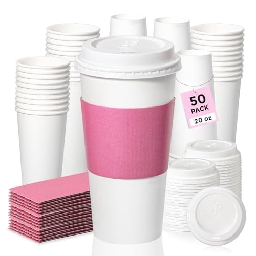 Fit Meal Prep 50 Pack 20 oz Disposable Coffee Cups with Lids and Pink Sleeves, Lead-Proof Sturdy To Go Coffee Cups with Lids, Pink Hot Paper Cups for Party, Wedding, Birthday (Black Lids)