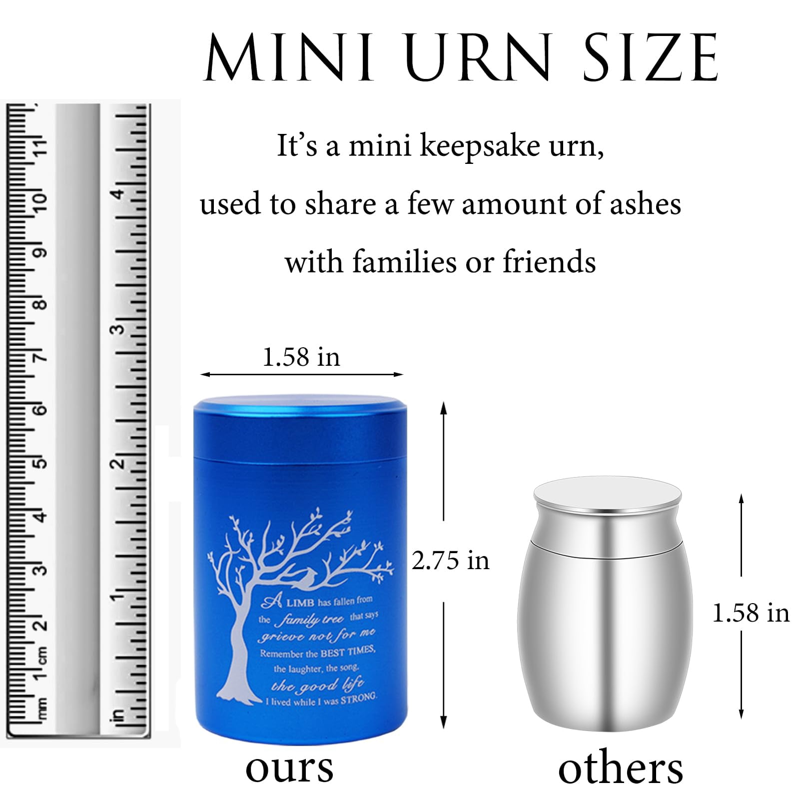 Small Urns for Ashes - Set of 4，2.7 inch High Quality Aluminium Mini Urns, Cremation Urns for Human/Pet Ashes, Ashes Holder, Small Keepsake urns--A LIMB has fallen from the family tree, Blue