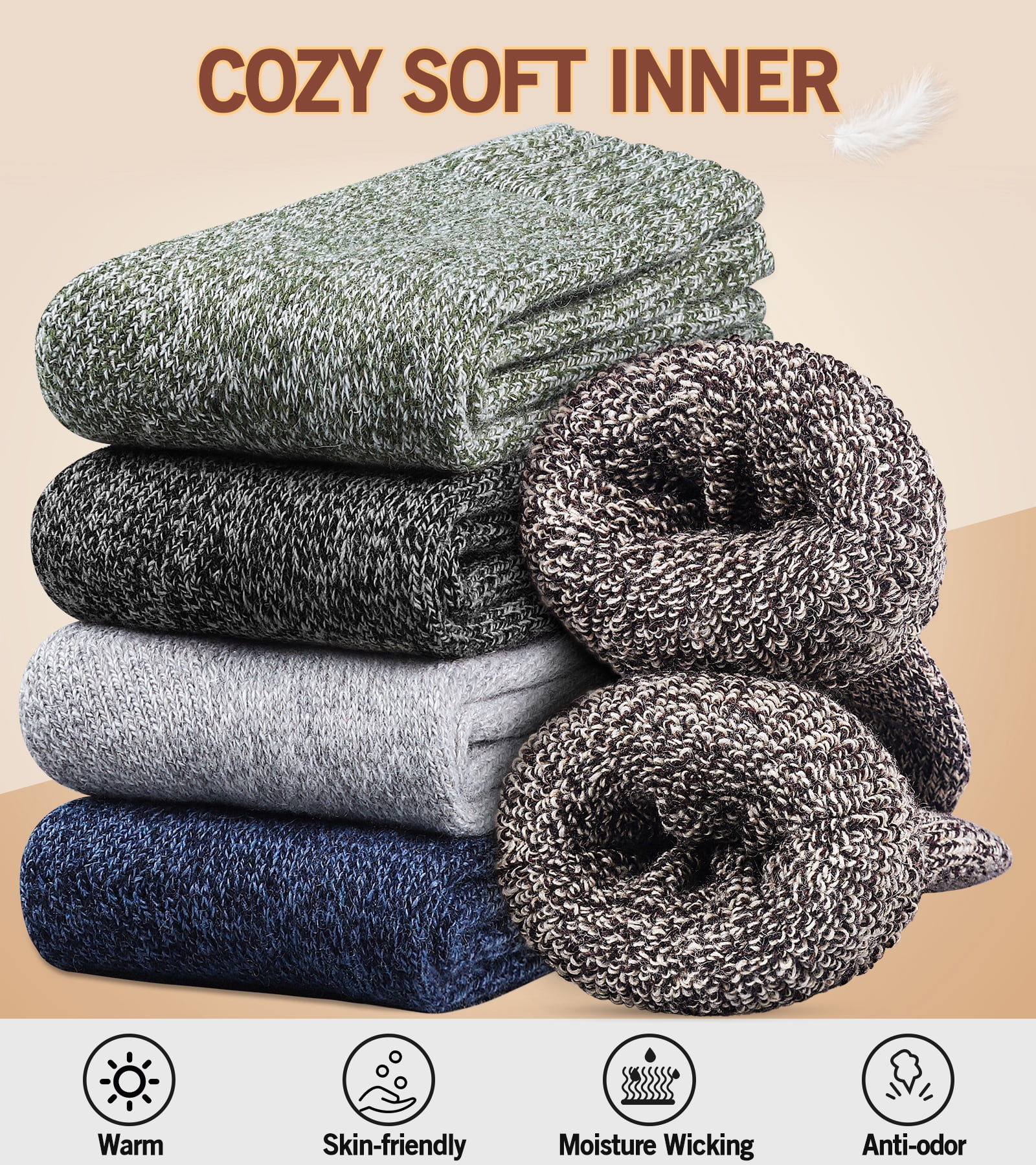 5 Pairs Merino Wool Socks for Men, Thick Winter Wool Hiking Socks, Warm Breathable Crew Mens Socks(USA Size 7-13)