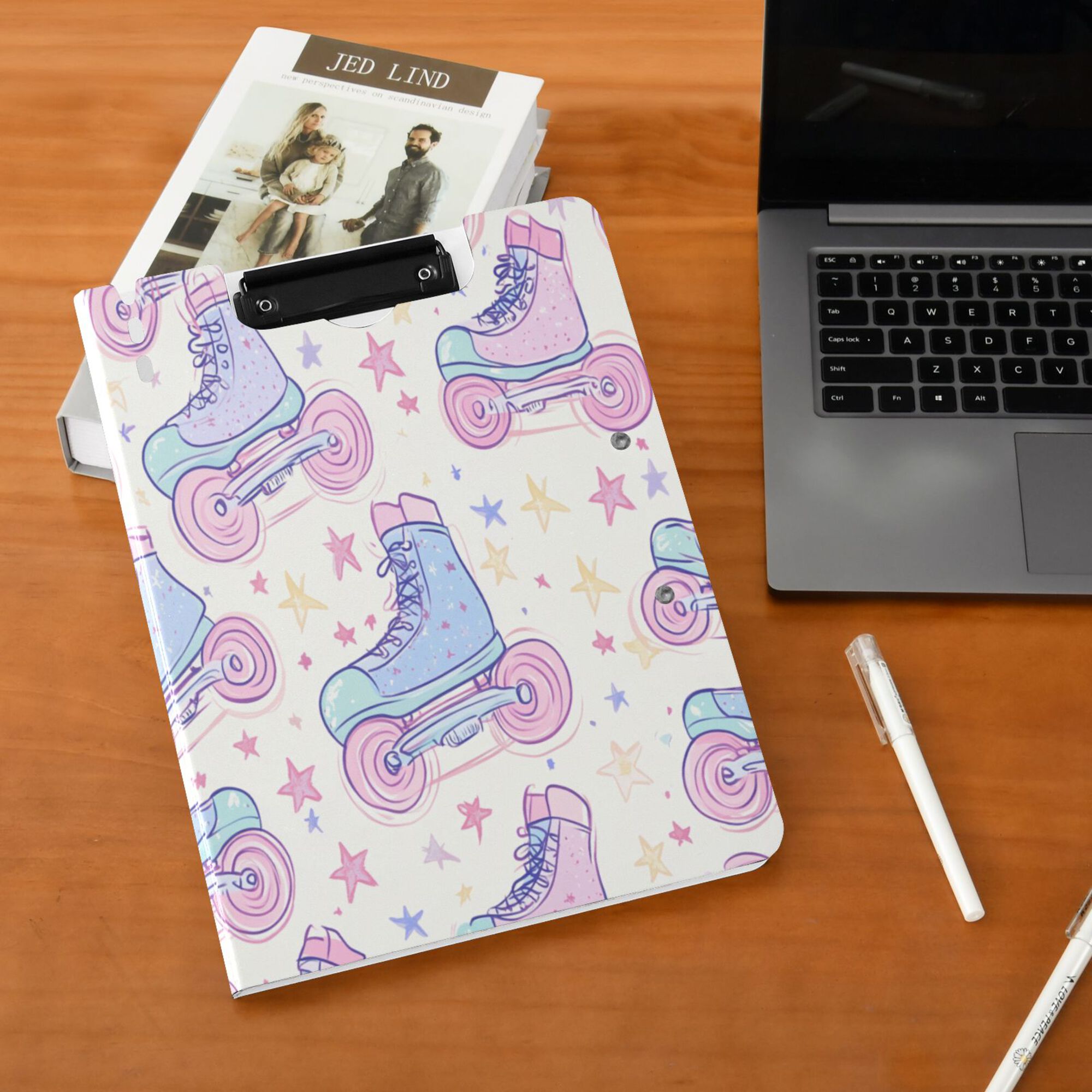 FORMRS A4 Clipboard Folder with Pen Holder Horizontal Foldable School Office Binder, Pink Skates