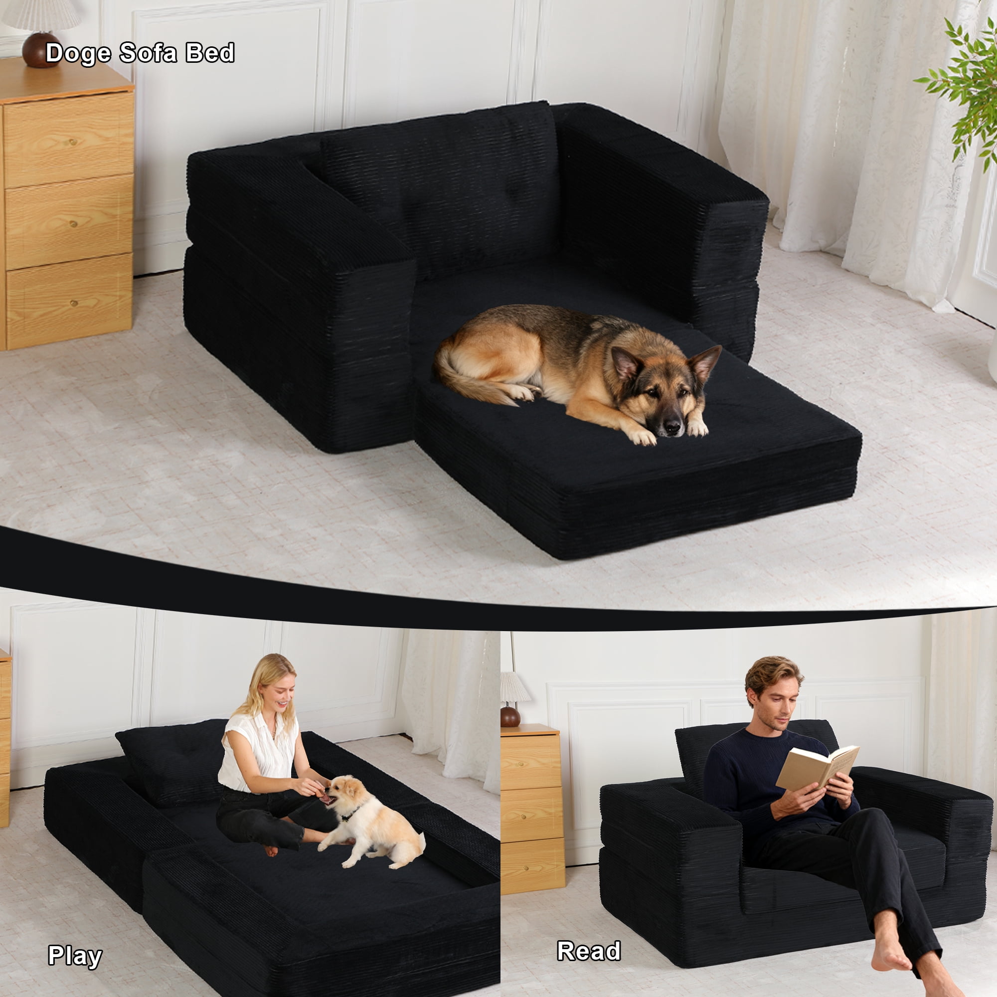 Leumius Single Sofa Bed with Pillow,Boneless Folding Sofa Bed for Living Room Bedroom,No Assembly Required,Black