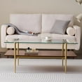 thumbnail image 4 of Rectangle Coffee Table Mid-Century Modern Design L W x H for Living Room - Structure Amber Glass Top and Walnut MDF Shelf Sleek Conical Metal Legs with Gold Finish, 4 of 9