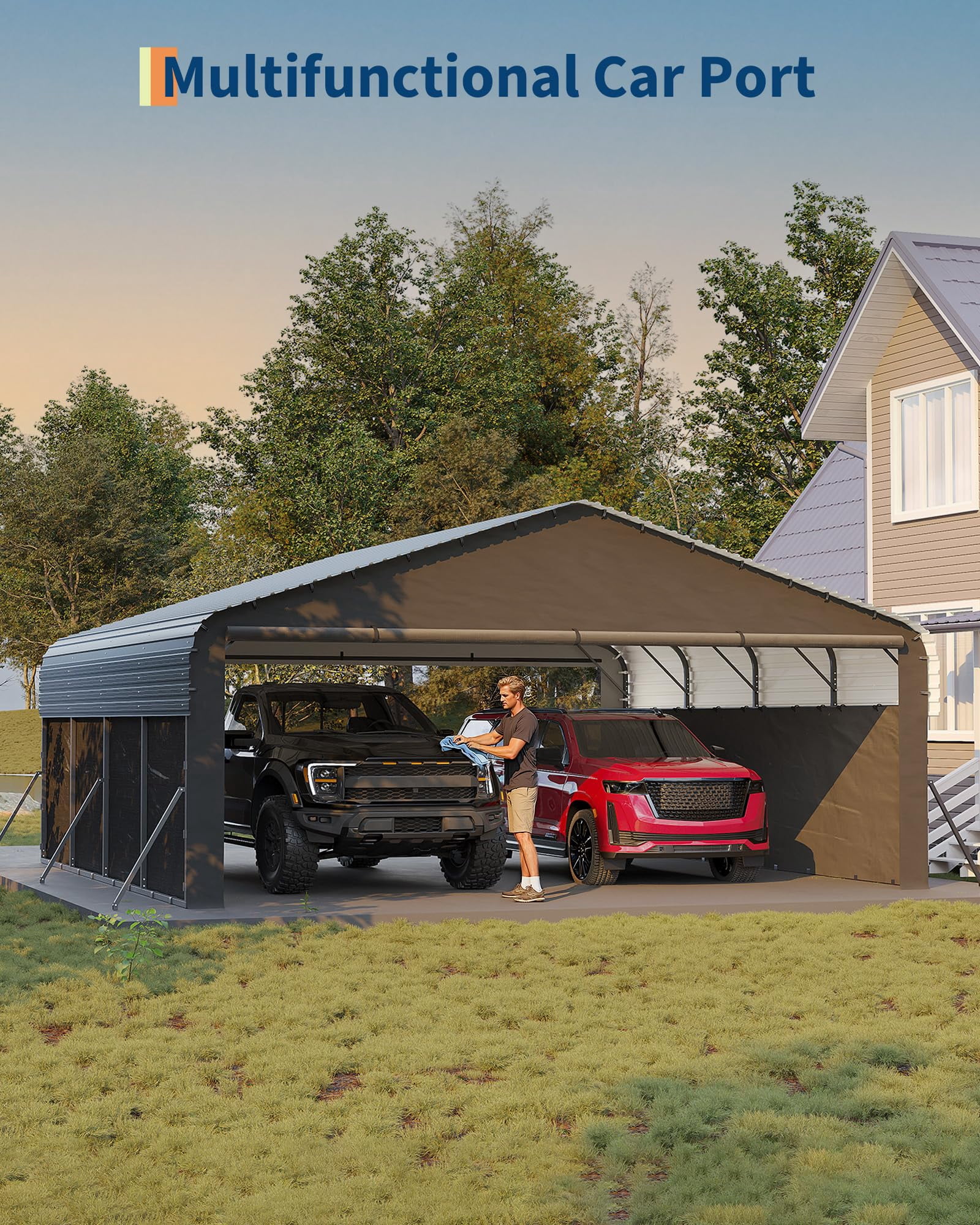 20'X20'X10' Metal Car Port for 2 Cars, Enclosed Carports with 220 g Tarp, All-Weather Use Metal Carport, for Full-Size Pickup Trucks, Bass Boats, and Tractors