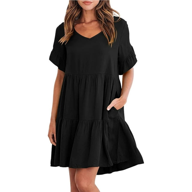 Plus Size Summer Dress for Women Casual V Neck Layered Ruffle Hem a Line Mini Swing Beach Short Sleeve Dress with Pockets
