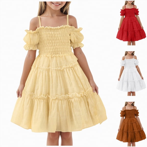 vigerkar Girls Cold Shoulder Shirred Dress - Off Shoulder Ruffle Sleeve Summer A-Line Princess Sundress (White, 12-18 Months)
