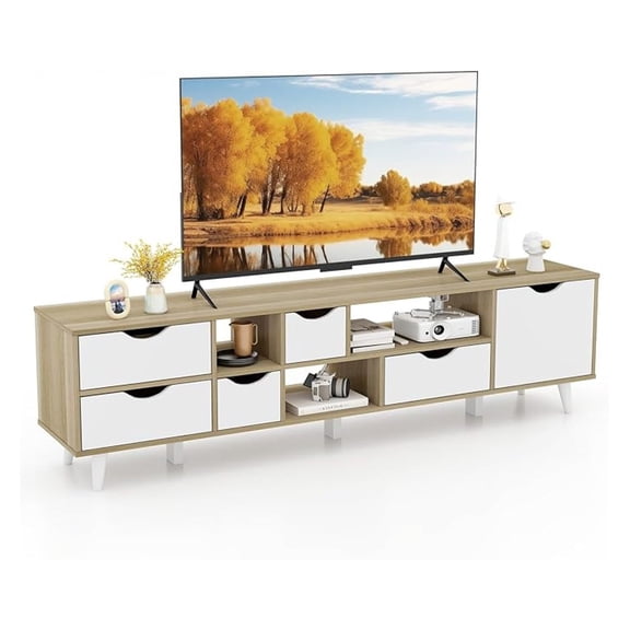 White TV Stand, Century Modern TV Console Table w/Storage, Television Stand w/ 5 Drawers & 3 Open Shelves, Home Living Room Media Entertainment Center for TVs up to 65” (Oak, 59" L)