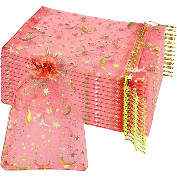 100 Pieces Moon Star Organza Jewelry Candy Bags, 4x6 Inch  Organza Pouch Small Gift Bags with Drawstring for Christmas Party Favors Wedding Valentine's Day