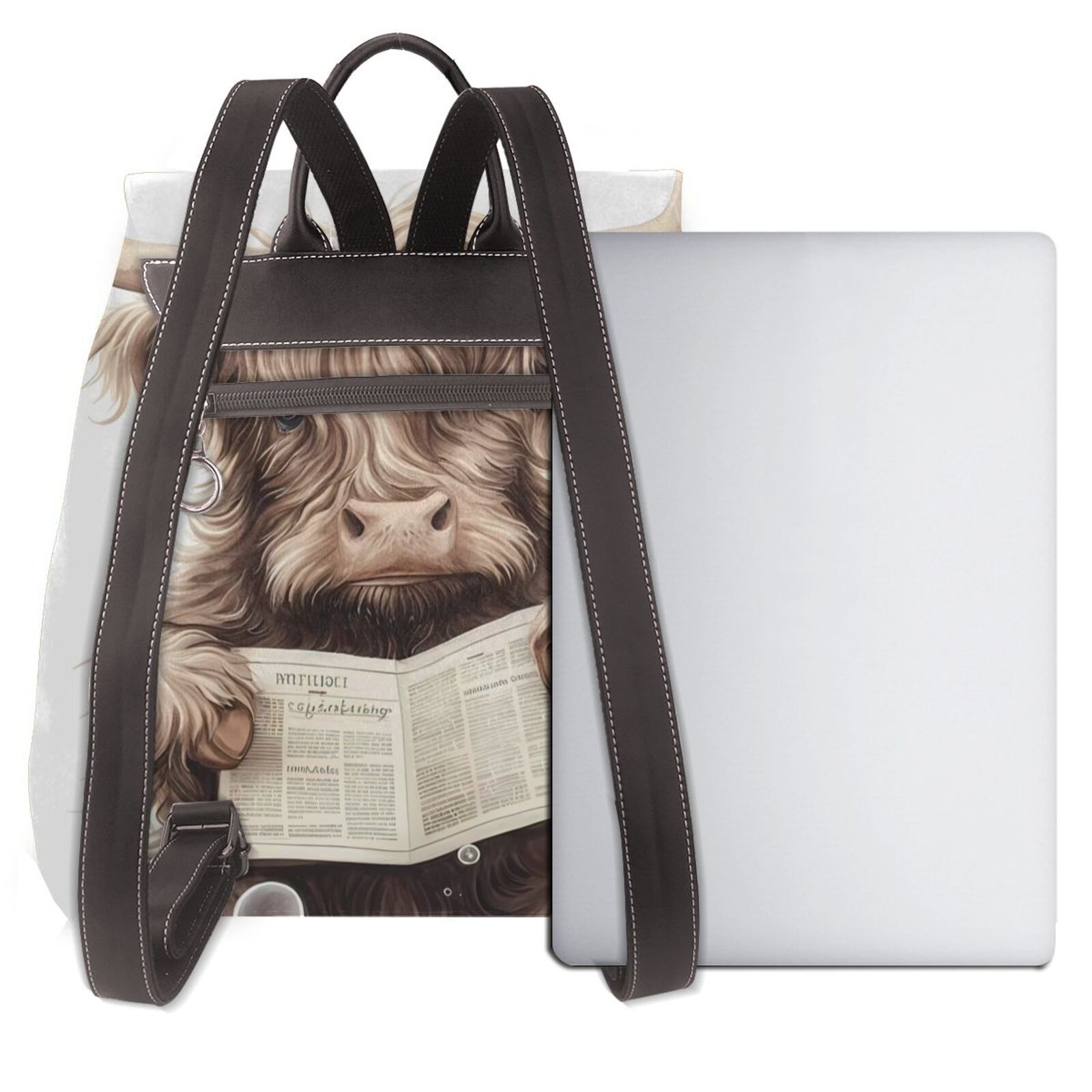Xecao Relaxed Cute Cow Reading Print Large Backpack Soft Leather for Women Travel with Compartment, Adjustable Convertible Strap
